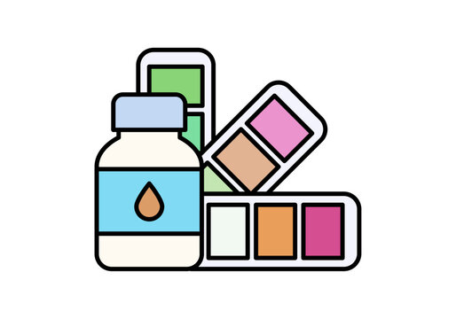 Frasco de pintura junto a paletas de colores para proyectos de decoraci&oacute;n y dise&ntilde;o creativo
