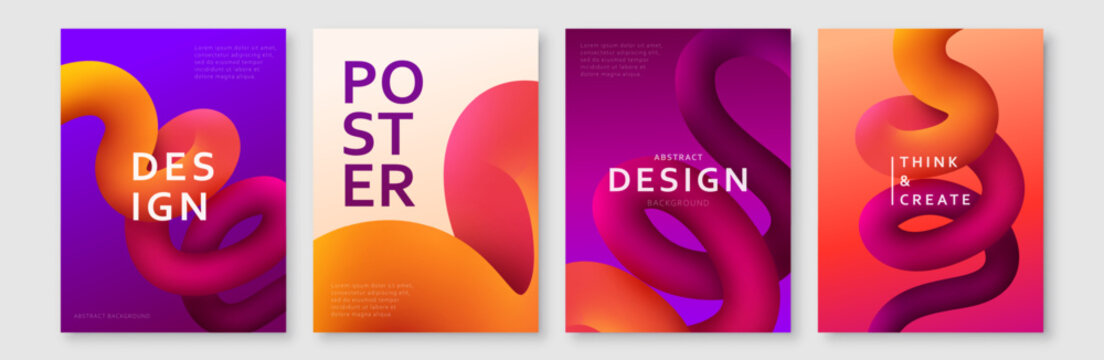 Abstract background with 3d fluid dynamic shapes and vibrant gradients. Modern poster design set with wavy liquid tubes. Creative vector illustration for banner, cover or social media