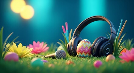 Fototapeta premium Easter egg inside headphones with microphone on grassy stage surrounded by flowers. Spring holiday music celebration concept with colorful decorations and lights