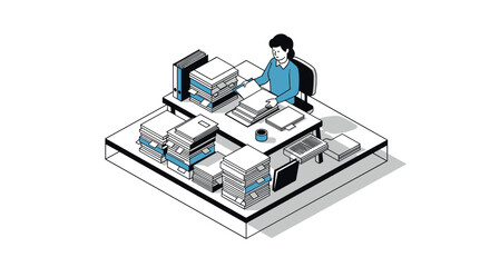 Busy office worker surrounded by stacks of books in monochrome isometric design