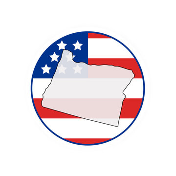 Oregon state map over USA flag badge. Oregon state map silhouette overlaid with the United States flag inside a circular badge.