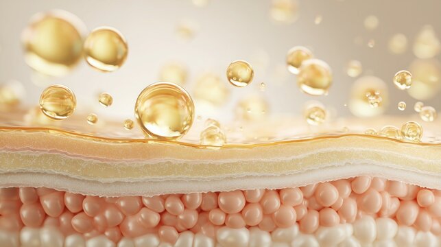 3D render, conceptual illustration of cross-section human skin layers. Smooth skin surface with translucent golden collagen serum droplets, rows of plump round skin cells realigning and reforming