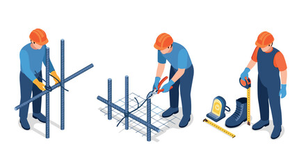 Fototapeta premium Construction workers using tools in isometric style