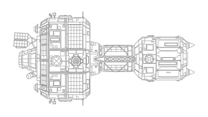 Spaceship Schematic: A detailed, top-down schematic of a futuristic spaceship, showcasing its intricate design and components. © abidakhatun