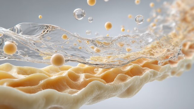 3D render, conceptual illustration of skin lipid barrier. Smooth, semi-transparent lipid sheets alternate with water layers, forming structured barrier