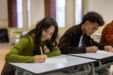 Cheerful student writing exam in school classroom