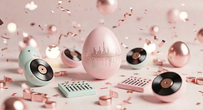 Pink easter egg patterned with sound waves surrounded by vinyl records and synthesizer. Musical dj equipment in pastel confetti. Creative easter holiday fusion of music and spring celebration with