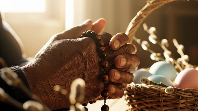 Elderly dark-skinned hands clasping rosary beads in prayer near woven basket with dyed eggs and pussy willow branches. Religious faith and easter holiday concept in serene indoor setting.