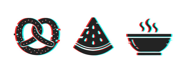 Obraz premium Snack and fruit icons featuring pretzel, watermelon, soup bowl. Glitch effect