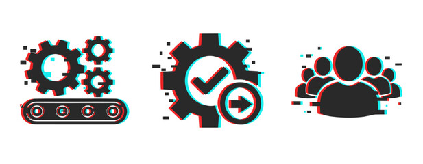 Fototapeta premium Gears conveyor check mark and group icons on white background. Glitch effect