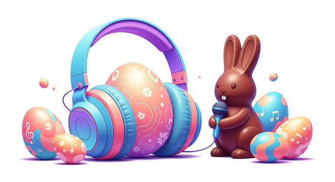 Chocolate easter bunny holding microphone and wearing headphones surrounded by colorful eggs. Fun easter music and dj celebration concept. Whimsical spring holiday illustration for festive greetings