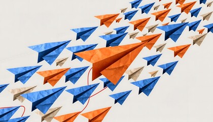 Fototapeta premium Stylized modern graphic image of colorful paper airplanes (orange, blue, tan) flying diagonally across a pale beige background with motion lines and a red curve symbolizing progress. (181 characters)