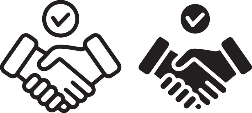 handshake agreement icon with check mark line and solid style vector illustration 