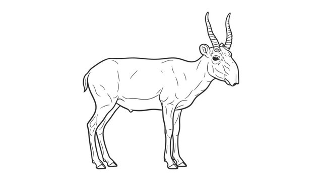 Saiga Antelope Outline: A detailed line drawing of a saiga antelope, showcasing its unique large nose and curved horns, isolated on a background.