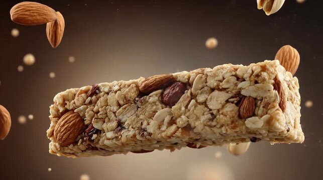 Delicious granola bar with nuts and grains amidst a creamy splash showcasing textures colors and a dynamic presentation against a gradient background