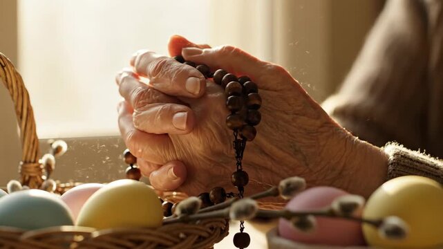 Elderly hands clasping rosary beads beside Easter basket with dyed eggs and pussy willows. Prayer gesture in soft light. Spiritual faith and reflection during Easter season.