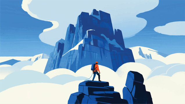 Illustration Of An Adventurer Climbing A Natural Staircase Formed From Rocks On A Giant Cliff Vector Design Template