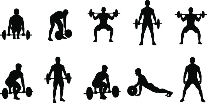 Silhouette set of athletes performing barbell workouts including squats, deadlifts, overhead presses and push-ups, illustrating strength training exercises for gym fitness, bodybuilding and health edu