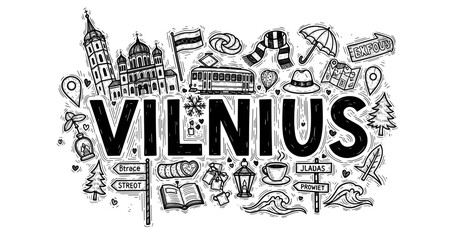 Obraz premium Vilnius landmarks and symbols illustrated in black and white
