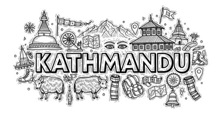 Naklejka premium Kathmandu landmarks and culture: temples, mountains, and traditional symbols