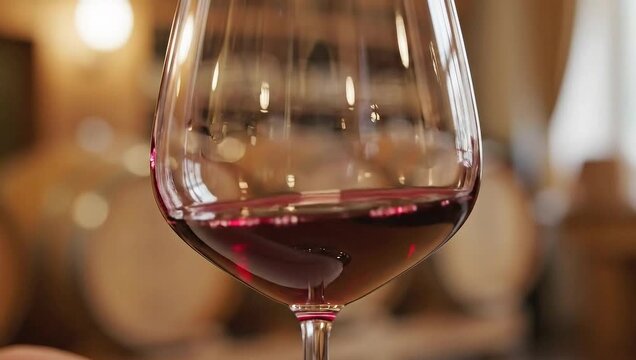 Swirling red wine in a glass, close-up shot.