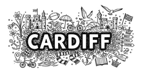 Fototapeta na wymiar Cardiff doodle art: castles, seagulls, rugby, and welsh symbols in intricate black and white