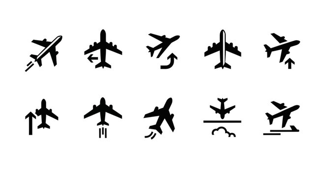 Set of airplane icons depicting various flight actions like takeoff, landing, and turns on isolated white background