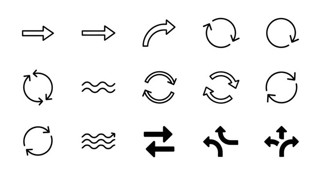 A collection of various arrow and refresh icons, including straight, curved, circular, and bidirectional arrows, along with wavy lines.