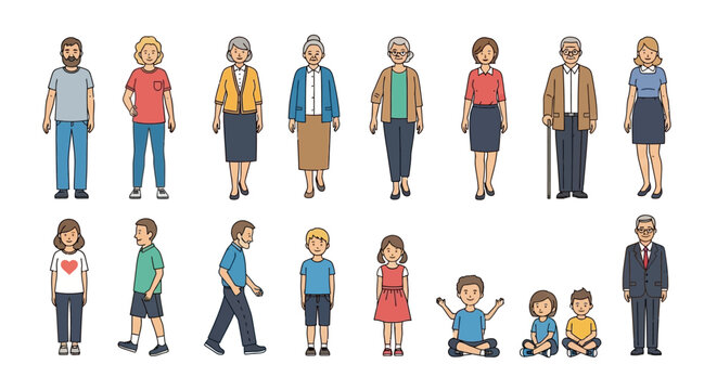 Diverse group of people of all ages, including children, adults, and seniors, standing, walking, and sitting, on an isolated white background.