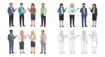 Diverse group of business men and women standing and interacting in a professional setting, with outlines, on isolated white background.