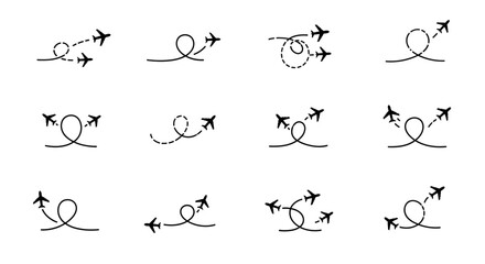Set of airplane flight path and travel route icons depicting dotted lines and curved trajectories on isolated white background. © Rifki