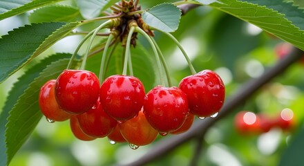 Obraz premium Ripe Sour Cherries Dangling In A Bright Summer Tree Bunch, Glossy Red Skins And Natural Glow Capturing Orchard Freshness, Juicy Texture, And Seasonal Beauty For Rustic Food Photography