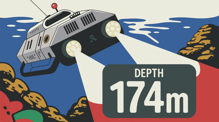 Oceanographic robot exploring underwater environment. Remote robotic vehicle exploring underwater landscape for scientific research.