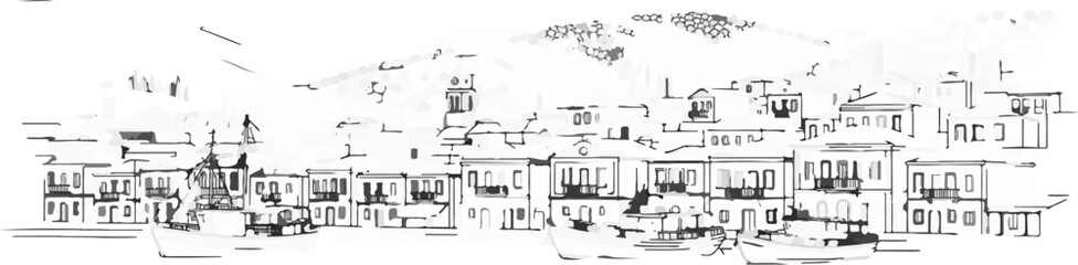 Obraz premium Sketchy seaside town with boats docked by buildings and a mountain backdrop
