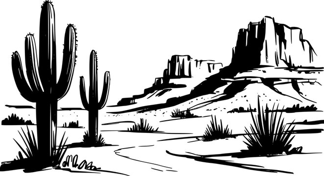 Black and white of saguaro cacti and mesa landscape in a desert setting cactus