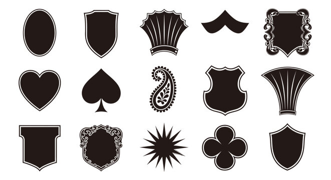 Collection of diverse shield and crest shapes, elegant emblems, and decorative frames for design projects