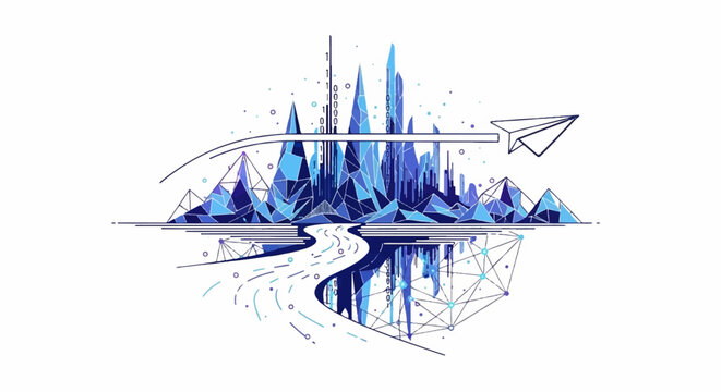 Abstract blue crystalline mountain range with river and paper airplane