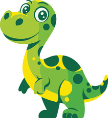 Naklejka premium Cute cartoon green dinosaur with yellow spots and big eyes smiling friendly prehistoric animal