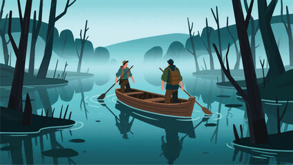 Obraz premium Illustration Of An Adventurer Exploring A Limestone Cliff Area Vector Design Template