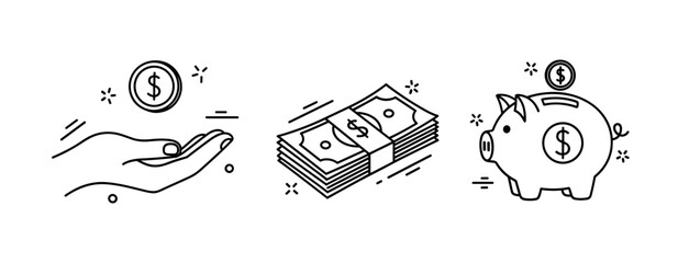 Fototapeta premium Minimalist black and white financial icons: hand, cash stack, piggy bank