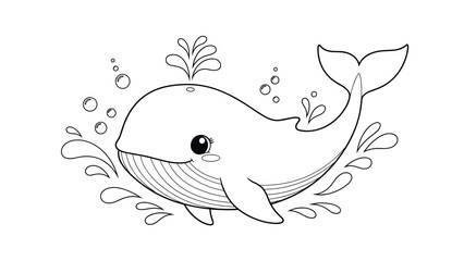 Fototapeta premium An adorable black and white line art illustration of a happy baby whale splashing in the water, perfect for a children's coloring book page.