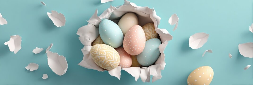 Pastel Easter eggs in torn paper hole on blue background. Wide holiday composition with copy space. Spring banner, greeting card and festive template.