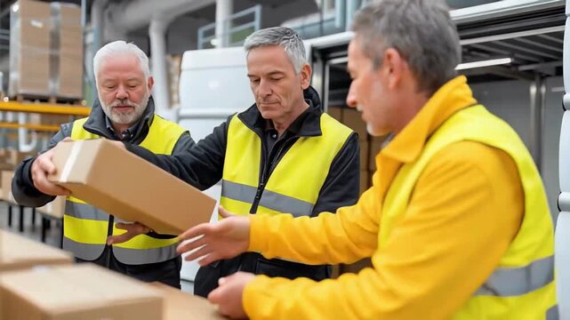 Logistics or delivery workers ,wearing uniforms yellow , at a distribution center,shipping and logistics industry,courier,video.