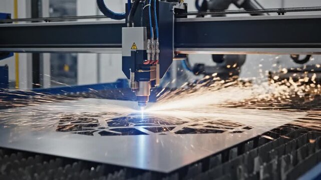 Metal fabrication machine cutting metal sheet with sparks in factory