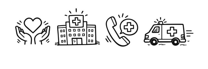 Fototapeta premium Medical icons: hospital, ambulance, hands with heart, emergency phone
