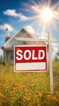 Sold sign in front of house with sunny sky