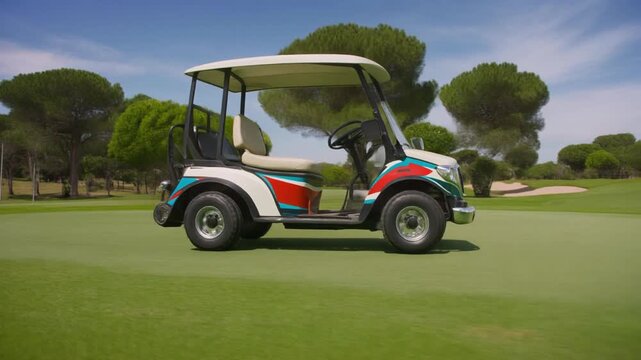 Colorful golf cart on green course.