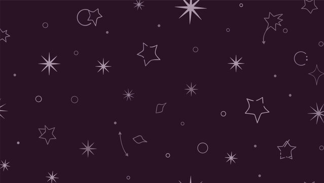 Dreamy seamless pattern of hand drawn stars, sparkles, and celestial elements on a dark purple background for magical designs.