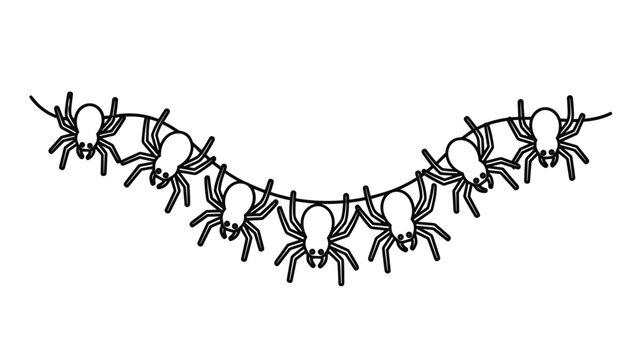 Spooky Halloween decoration featuring a banner of black and white spiders hanging from a thin string for festive party themes.