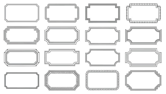 Assortment of sixteen decorative rectangular frames and border designs in black and white line art for labels and stationery.